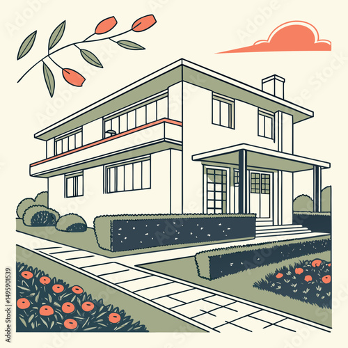 Modern two story house suburban home landscape design illustration