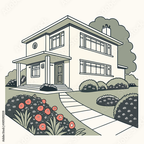 Modern two story house suburban home exterior design illustration