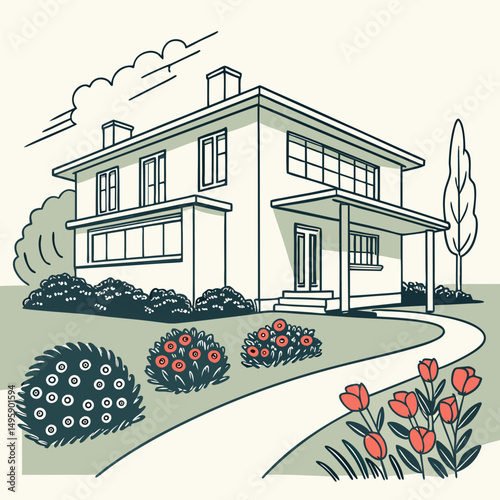 Modern house architectural line drawing suburban home landscape design
