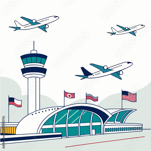 Airport terminal building with airplanes taking off and landing