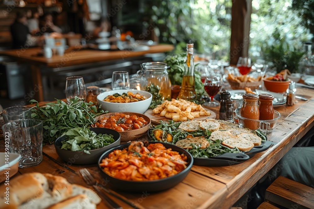 Obraz premium Abundant Italian Feast: Rustic Wooden Table Laden with Pasta, Br