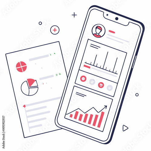 Mobile phone displaying business analytics data charts graphs reports