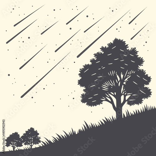 Silhouette trees night sky shooting stars meadow landscape
