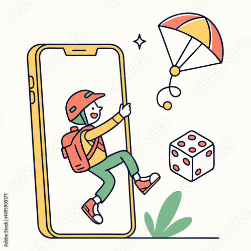 Boy climber in smartphone screen with parachute and dice