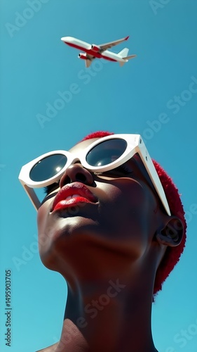 A woman with striking red lips and short red hair looks up at the sky while wearing stylish white sunglasses. A plane can be seen ascending against the bright blue backdrop.
