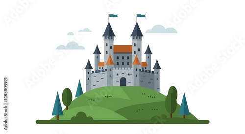 Castle Illustration on Hill with Trees and Clouds Simple Flat Design