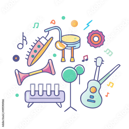 Colorful music instruments illustration isolated on white background