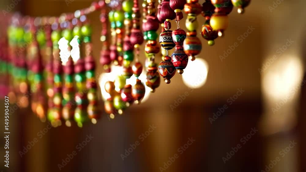 Closeup of bright colorful ornate beaded hanging, decorative garland, string of beads with blurred warm glowing background, decorative interior
