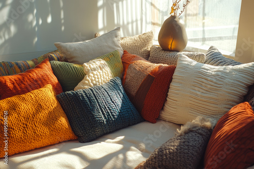 Colorful Throw Pillows and Cozy Sofa Interiors – Modern Home Decor Photography. AI generative.