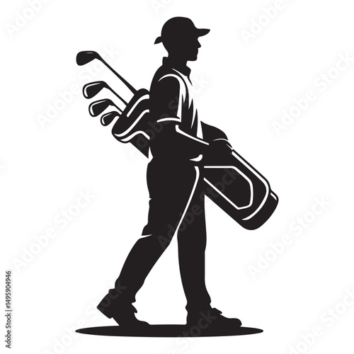 Golf Caddie Silhouette Carrying Golf Clubs Golfing Occupation Illustration Vector black silhouette. with white background