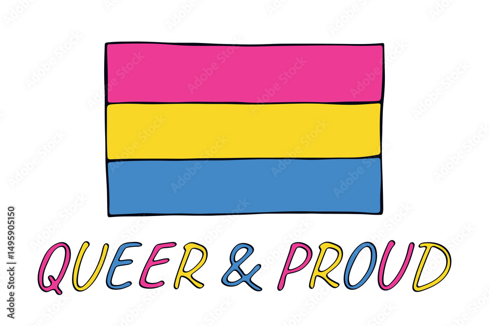 Obraz premium Colorful Pansexual pride flag Happy pride day LGBTQ community Pride Month Vector hand drawn doodle for posters, stickers, logo, cards