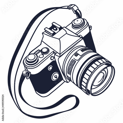 Vintage 35mm film camera with strap line art illustration