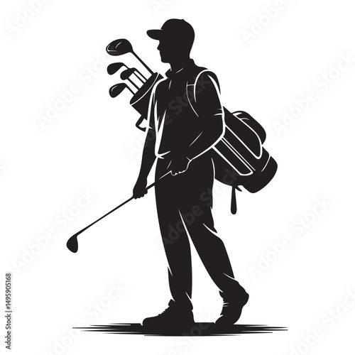 Golf Caddie Silhouette Carrying Golf Clubs Golfing Occupation Illustration Vector black silhouette. with white background