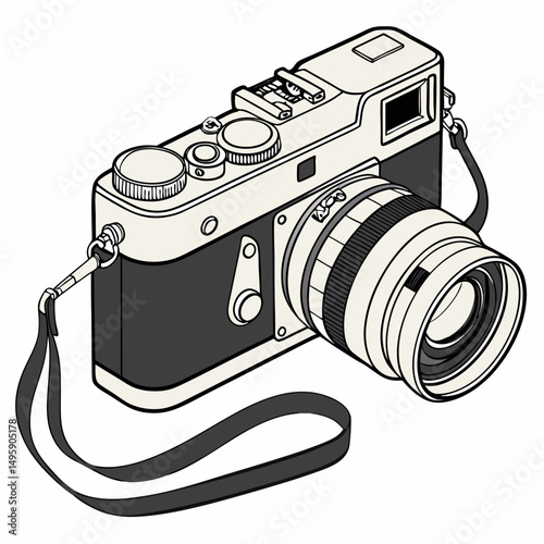 Vintage 35mm rangefinder camera with strap illustration