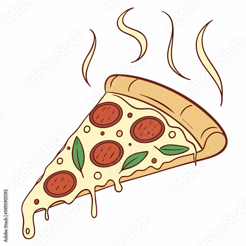 Delicious melty cheese pizza slice with pepperoni and basil