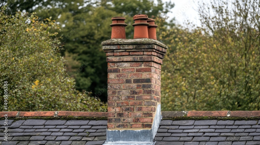Naklejka premium Historic Red Brick Chimney on Slate Roof with Vintage Architecture and Lush Trees in the Background