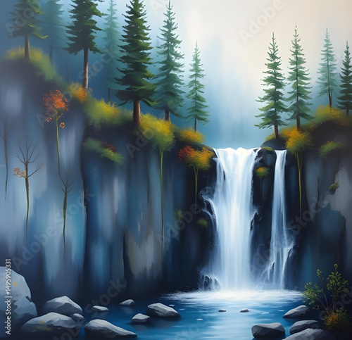 Waterfall painting, Waterfall landscape, Scenic waterfall, Nature waterfall art, Mountain waterfall, River waterfall, Cascading water, Waterfall artwork, Flowing waterfall, Waterfall canvas, Realistic