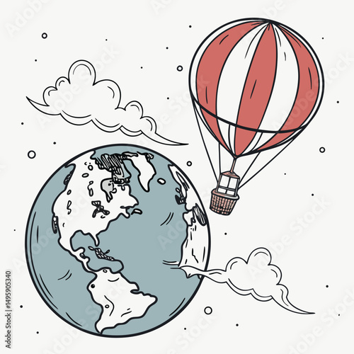 Hot air balloon soaring above earth globe cartoon illustration