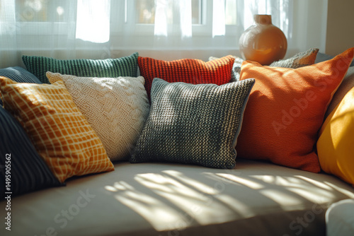 Colorful Throw Pillows and Cozy Sofa Interiors – Modern Home Decor Photography. AI generative.