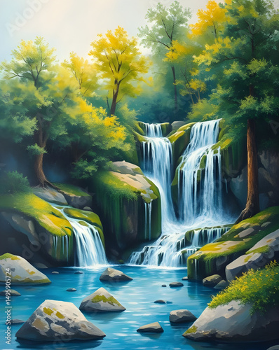 Waterfall painting, Waterfall landscape, Scenic waterfall, Nature waterfall art, Mountain waterfall, River waterfall, Cascading water, Waterfall artwork, Flowing waterfall, Waterfall canvas, Realistic