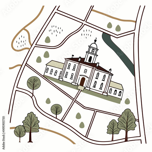 Elegant mansion on city map, isolated vector illustration, transparent background