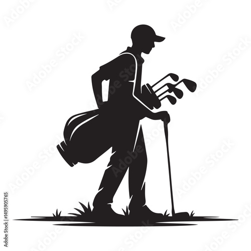 Golf Caddie Silhouette Carrying Golf Clubs Golfing Occupation Illustration Vector black silhouette. with white background