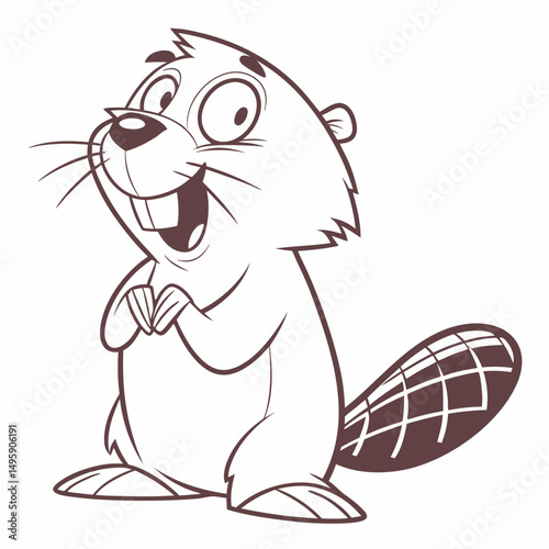 Cartoon cute beaver standing. Vector illustration isolated on white background. Side view.