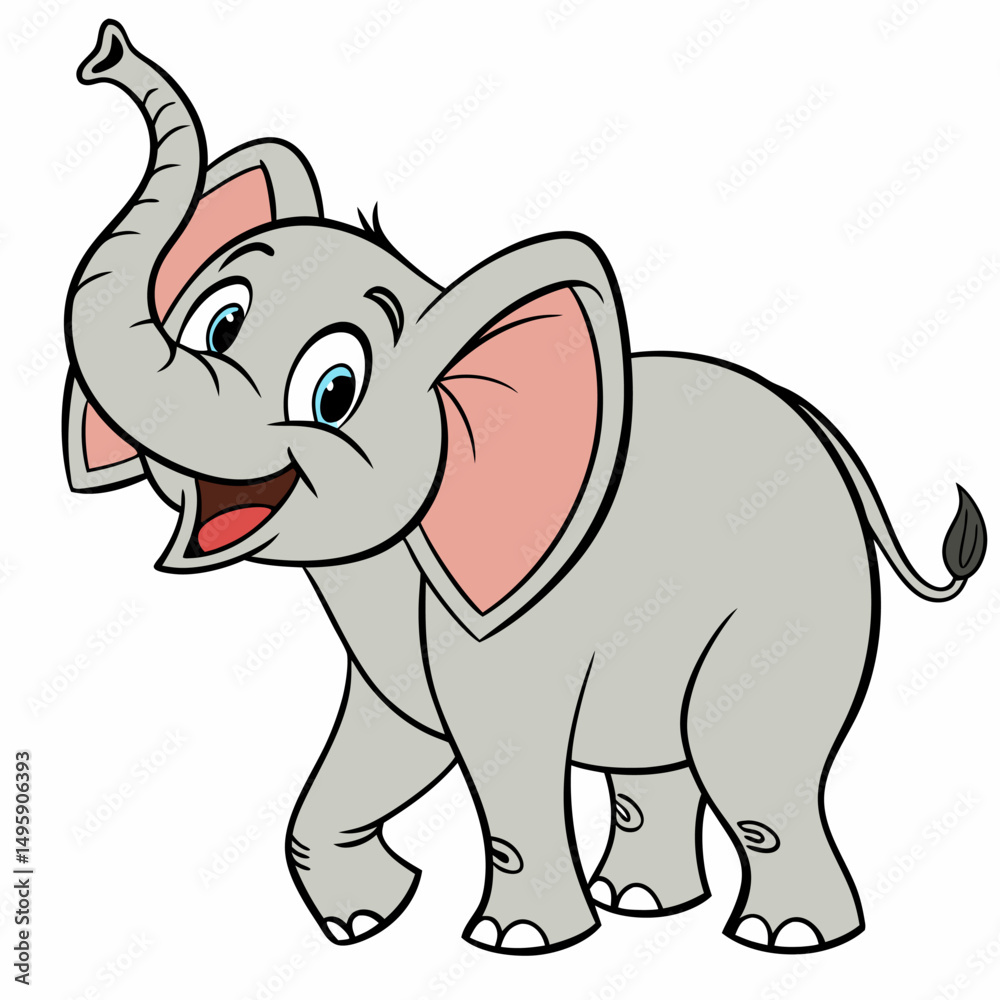 Fototapeta premium Happy cartoon elephant standing. Cute baby elephant. Vector illustration, side view, isolated on white background.