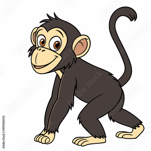 Happy cartoon  chimpanzee monkey . Cute baby chimpanzee. Vector illustration isolated on white background. Side view. 