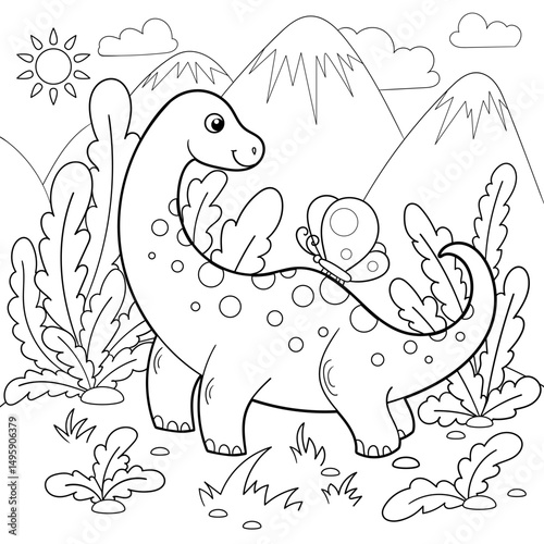 Cute cartoon dinosaur and butterfly. Black and white line art. Isolated on white background. For children's coloring book designs, prints, posters, cards, stickers, etc. Vector illustration