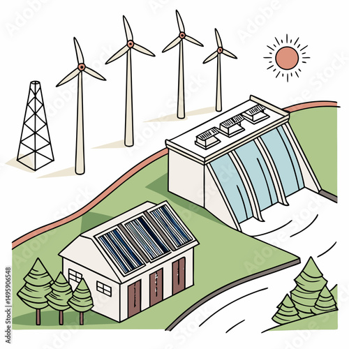 Sustainable energy sources hydropower wind power solar power green energy