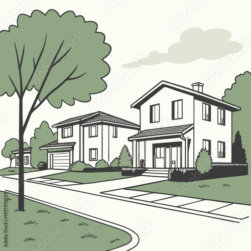 Suburban street scene featuring two houses trees and lawns