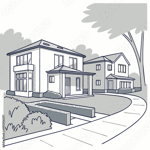 Modern suburban homes architectural sketch design illustration