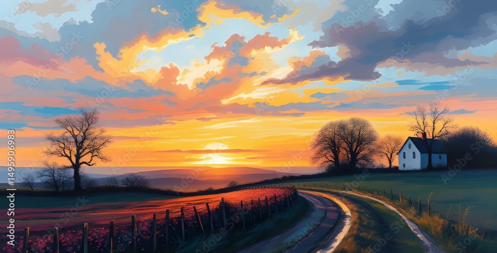 Fototapeta premium Countryside canvas, Rural landscape, Countryside painting, Village scenery, Farm landscape, Pastoral scene, Rolling hills painting, Meadow canvas art, Countryside house, Green field canvas, Country ro