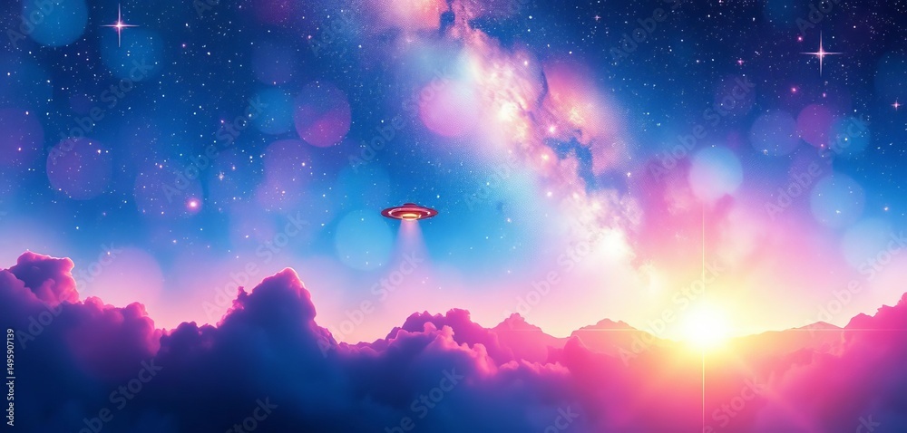 Naklejka premium Cosmic watercolor sky, bright sparkles, UFO, galaxy horizon, abstract, futuristic, dreamlike, illustration, cosmic art