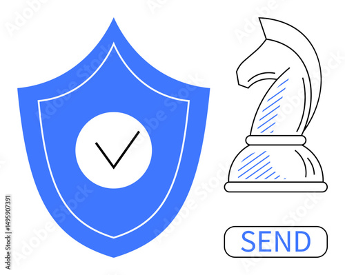 Shield with checkmark for security, chess knight symbolizing strategy, and send button representing communication. Ideal for protection, planning, trust, decision-making, cybersecurity, teamwork