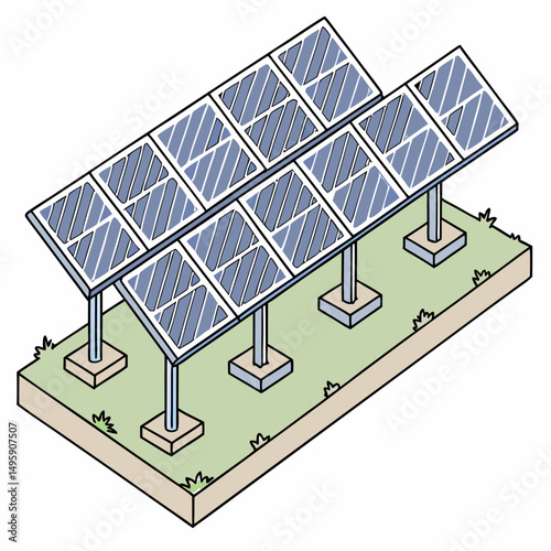 Isometric illustration of a solar panel farm renewable energy green technology