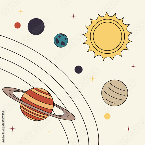 Cute cartoon solar system planets sun stars space