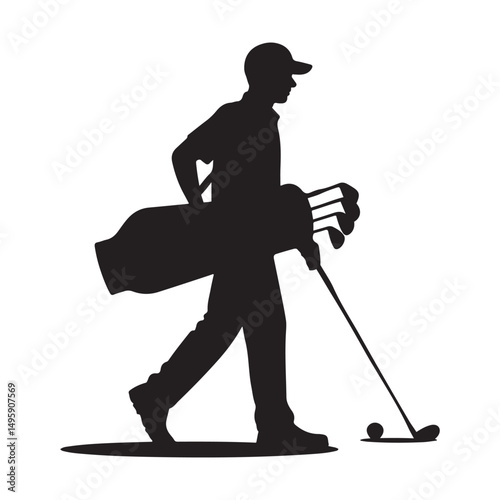 Golf Caddie Silhouette Carrying Golf Clubs Golfing Occupation Illustration Vector black silhouette. with white background