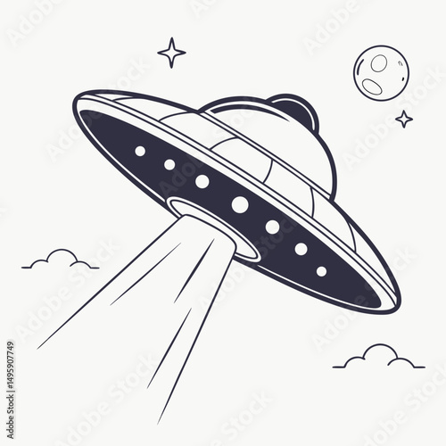 Retro ufo spaceship flying through space with stars and moon