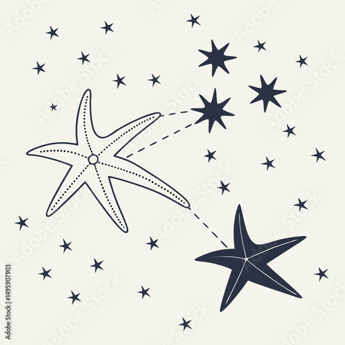 Two starfish and many stars night sky illustration