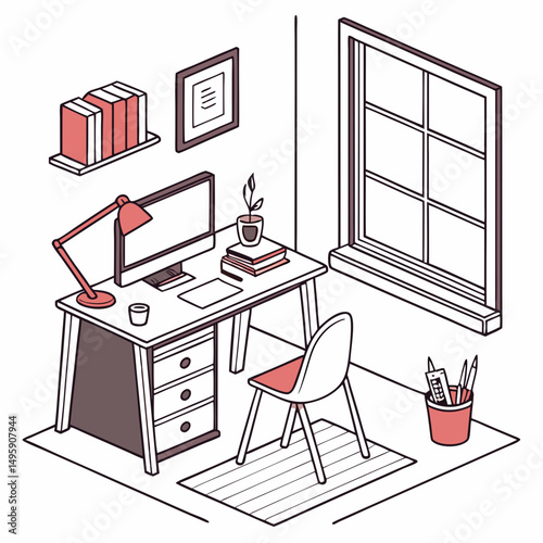 Cozy home office workspace minimalist design illustration