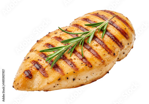 Grilled chicken breast isolated on transparent background with rosemary