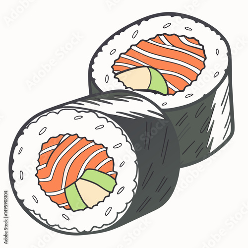 Delicious sushi rolls salmon avocado japanese food illustration