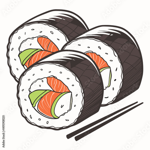 Delicious sushi rolls salmon avocado japanese cuisine food illustration