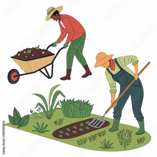 Two farmers working in a garden one with a wheelbarrow the other with a shovel