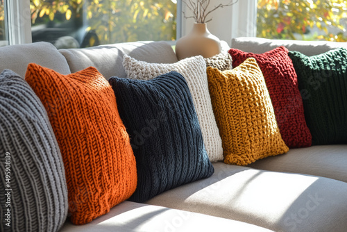 Colorful Throw Pillows and Cozy Sofa Interiors – Modern Home Decor Photography. AI generative.