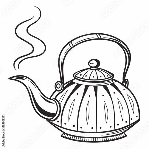 Elegant steaming tea kettle illustration isolated on white background