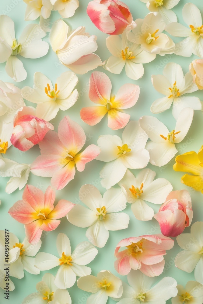 Obraz premium Celebratory Spring Blooms. Vertical Composition of Colorful Tulips on Light Green Backdrop for Women's Day Wishes