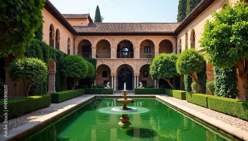 Alhambra's lush gardens, fountains, serene courtyards , nature, heritage, spanish gardens